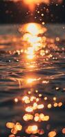 ai generado puesta de sol bokeh en agua. dorado cielo terminado un cuerpo de agua, con el ligero reflejando y creando un bokeh efecto. foto