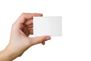 AI Generated woman Hand holding blank business card on white background photo