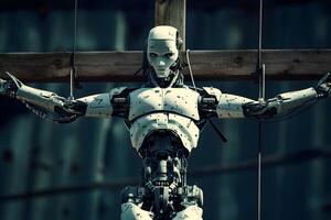 AI Generated crucified robot for AGI cyber god concept photo