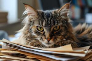 AI Generated cat in an office, overwhelmed by a mountains of paperwork photo