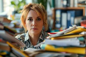 AI Generated Caucasian woman in an office, overwhelmed by a mountains of paperwork photo