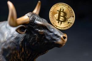 ai generado toro empuja arriba bitcoin con sus hocico. alcista tendencia concepto. foto