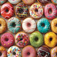 AI Generated seamless texture and pattern of colorful glazed doughnuts with high angle view photo