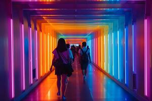 AI Generated A group of people walking down a hallway with colorful lights photo