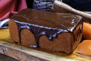 Carrot cake with chocolate syrup photo