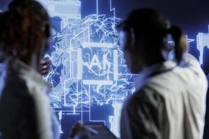Tech support brainstorms ways to use AI cognitive computing to extract usable information from complex data. Server farm employees implement artificial intelligence to process inference datasets photo