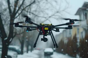 AI Generated copter drone over street at winter day photo