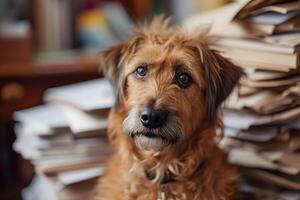 AI Generated dog in an office, overwhelmed by a mountains of paperwork photo