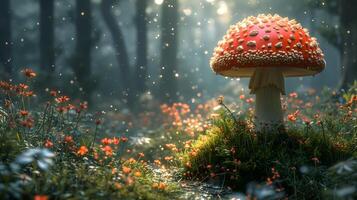 AI Generated Magical mushroom in fantasy enchanted fairy tale forest. photo