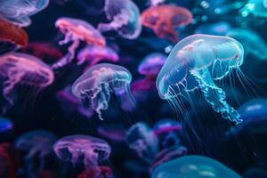 AI Generated glowing sea jellyfishes on dark background, neural network generated image photo