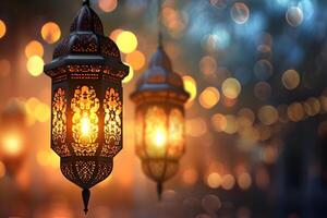 AI Generated fanous Ramadan lanterns at night photo