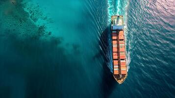 AI Generated cargo ship full of standard shipping containers at the sea during shipping at day time photo