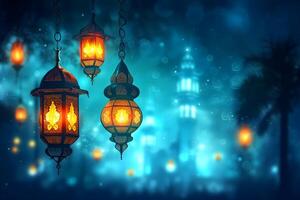 AI Generated fanous Ramadan lanterns at night photo