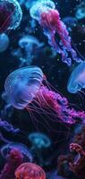 AI Generated glowing sea jellyfishes on dark background, neural network generated image photo