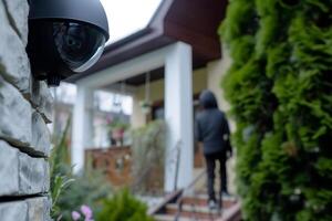 ai generado ladrón a el frente puerta de un casa cerca vigilancia cámara foto