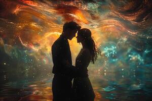 ai generado hombre y mujer abrazando en surrealista, vistoso líquido fantasía paisaje de ensueño foto