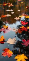 ai generado un resumen composición de vistoso otoño hojas flotante en un reflexivo agua superficie de un estanque foto