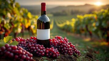 ai generado un rojo vino botella en frente de un paisaje de uva tierras de cultivo foto