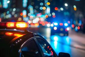 AI Generated police car lights at night in city street with selective focus and bokeh photo