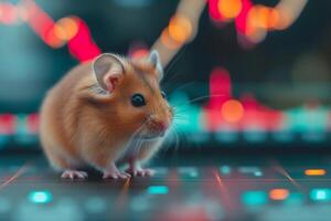 AI Generated hamster in front of blurry trading charts, novice in stock exchange and asset market concept photo