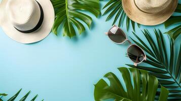 AI Generated Hats, sunglasses, palm tree leaves on blue background. Blank, top view, still life, flat lay. Sea vacation travel concept tourism and resorts. Summer holidays. photo