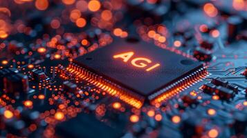 AI Generated AGI - artificial general intelligence - microchip on black circuit board with orange glow photo