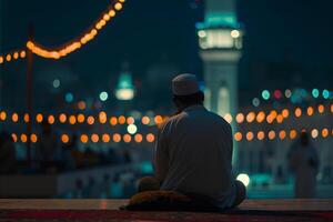 ai generado musulmán oración sentado en frente de mezquita a Ramadán noche con selectivo enfocar, neural red generado imagen foto