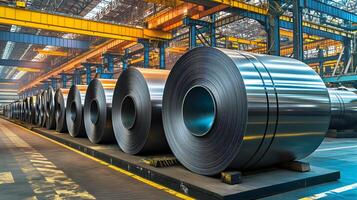 AI Generated Packed rolls of steel sheet, Cold rolled steel coils in a warehouse photo