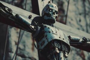 ai generado crucificado robot para agi ciber Dios concepto foto