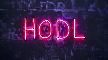 AI Generated Neon inscription HODL on dark shabby wall photo