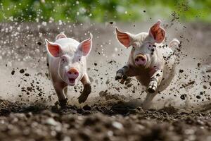 AI Generated Two pigs running in a dirt at sunny day with splashes of mud photo