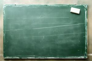 AI Generated First-class, An empty green chalkboard with an eraser and white chalk, ready for Teacher's Day photo