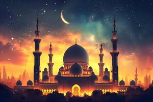 AI Generated Ramadan mosque with night afterglow sky with crescent, neural network generated image photo