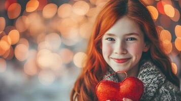 AI Generated Beautiful redhead girl with gift for Valentines Day with bokeh at background. photo