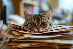 AI Generated cat in an office, overwhelmed by a mountains of paperwork photo