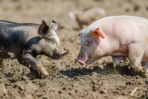 ai generado dos cerdos corriendo en un suciedad a soleado día con salpicaduras de barro foto