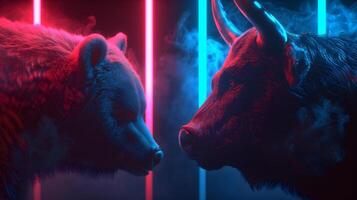 ai generado oso y toro yendo cabeza a cabeza con rosado y cian neón Encendiendo, en el estilo de cyberpunk valores mercado, salvaje y atrevido foto