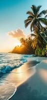 AI Generated tropical beach view at sunset or sunrise with white sand, turquoise water and palm trees photo