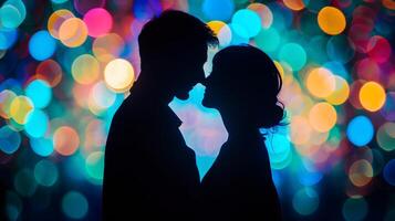 AI Generated silhouette of a couple with a colorful bokeh background photo