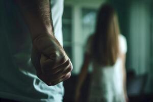 ai generado Doméstico violencia, hombre participación en frente de un mujer, ver desde el atrás, niña en el antecedentes foto