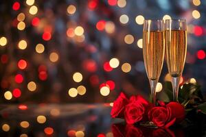 AI Generated glasses with sparkling wine or champagne and red roses on table with bokeh lights in the background photo