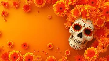 AI Generated Dia De Los Muertos or Day of the Dead Celebration Banner background with scull, red and yellow flowers over orange background, neural network generated image photo