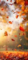 AI Generated Beautiful autumn view with colorful foliage in the park. Falling leaves background with copy space and selective focus. photo