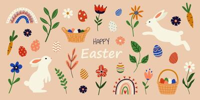 Vector set of Easter elements. Cute Easter collection. Rabbits, eggs, flowers. Spring illustration in hand drawn style. Isolated background.