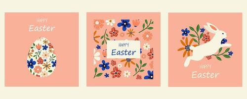 Vector easter greeting card. Happy Easter. Postcard with bunny, flowers, eggs. Set Hand drawn spring greeting cards. Minimalist greeting card with spring theme.