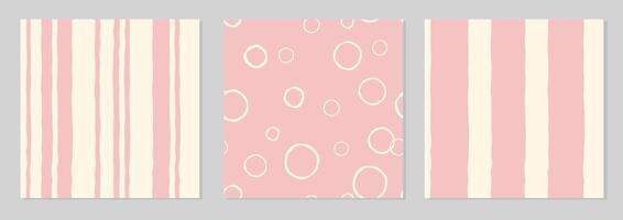 Set of three seamless colorful striped patterns. Gentle trendy abstract illustrations. Hand drawn geometric lines seamless patterns with stripe lines and dots in retro style. vector