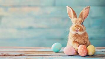 ai generado ilustración de un marrón linda Pascua de Resurrección conejito con pequeño pastel de colores huevos en frente de un azul antecedentes foto