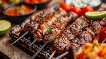 AI generated Close up of several meat skewers photo