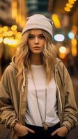 AI generated young woman wearing modern street fashion on a city photo