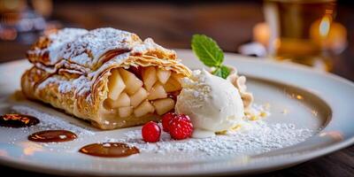 AI generated illustration of an apple strudel with a scoop of vanilla ice cream and whipped cream photo